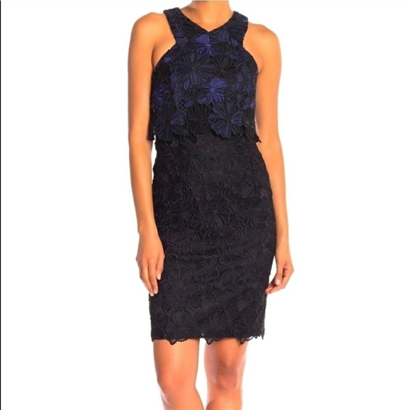 Trina Turk Miranda Blue Black Guipure Lace Sheath Cocktail Dress Size 2 New - Picture 13 of 14